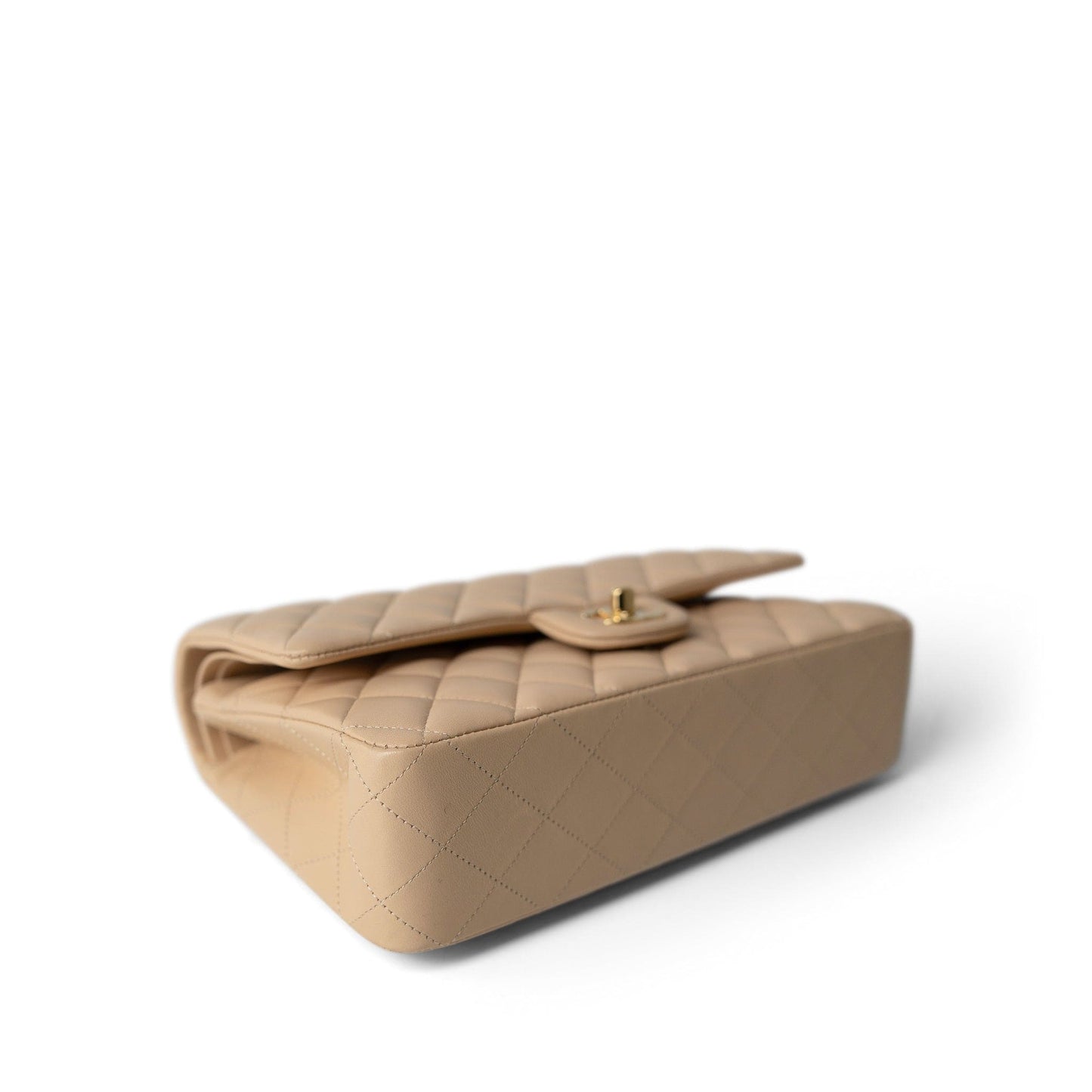 Beige Clair Lambskin Quilted Classic Flap Medium Gold Hardware