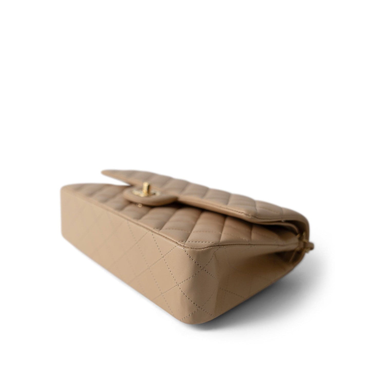 Beige Clair Lambskin Quilted Classic Flap Medium Gold Hardware