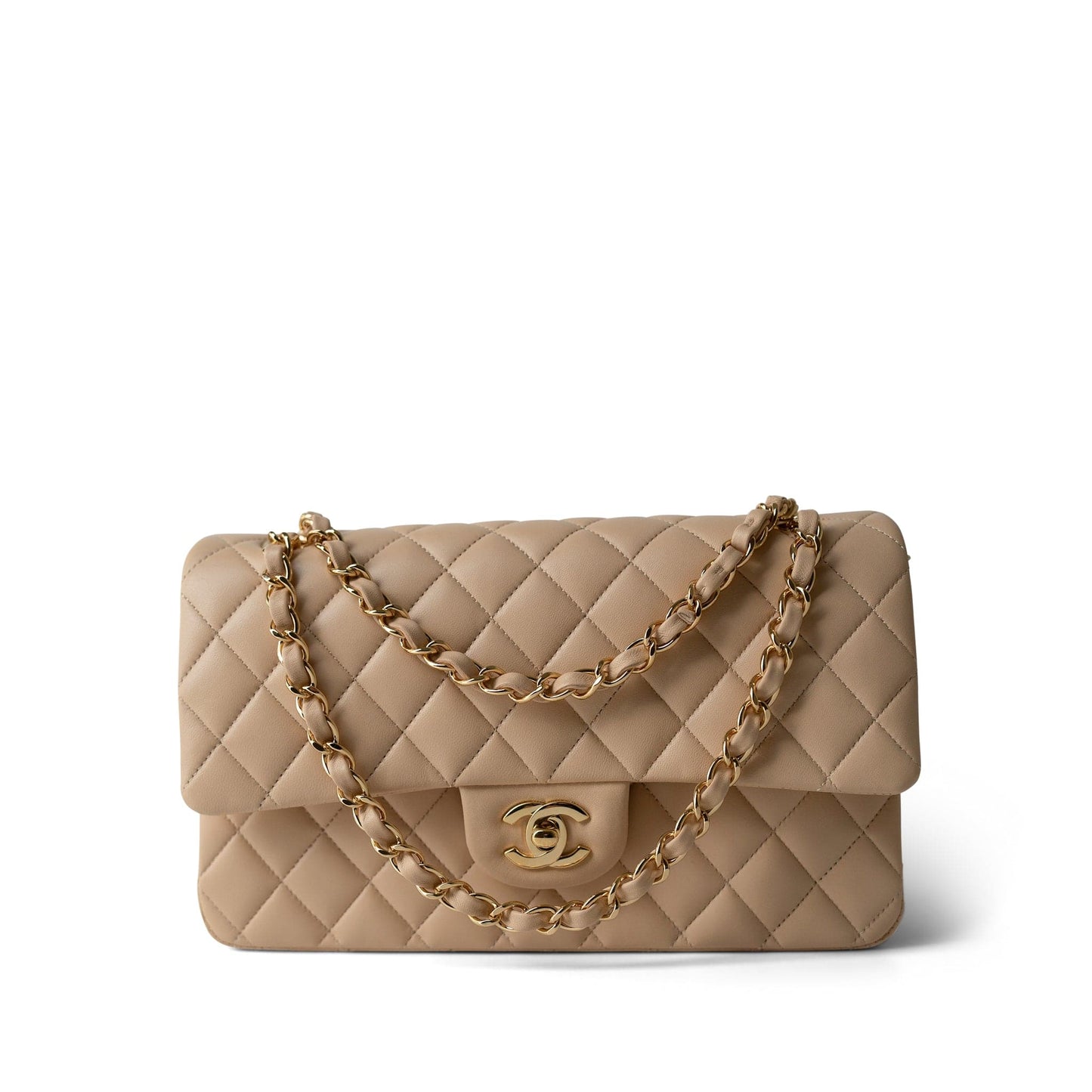 Beige Clair Lambskin Quilted Classic Flap Medium Gold Hardware