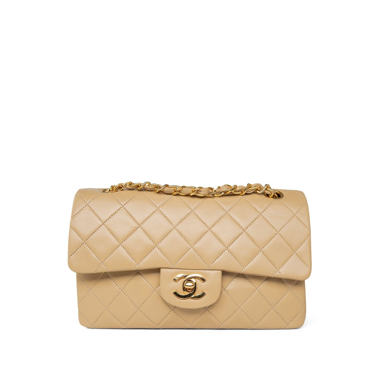 Beige Lambskin Quilted Classic Flap Small Gold Hardware