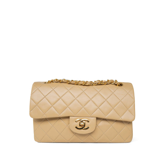 Beige Lambskin Quilted Classic Flap Small Gold Hardware