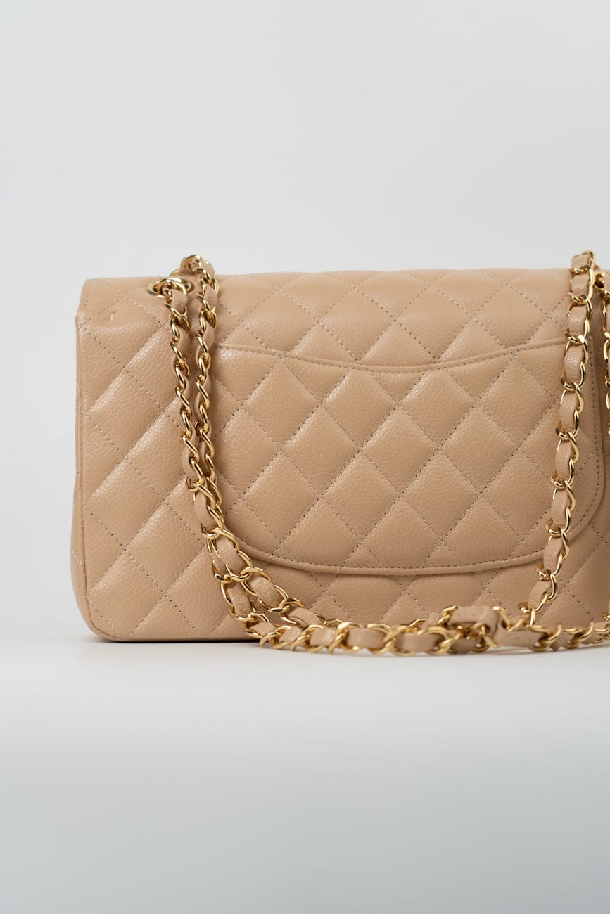 Beige Clair Caviar Quilted Classic Double Flap Medium Gold Hardware