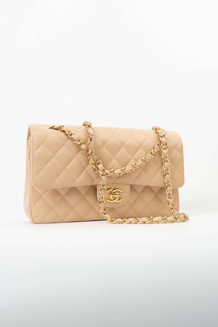 Beige Clair Caviar Quilted Classic Double Flap Medium Gold Hardware