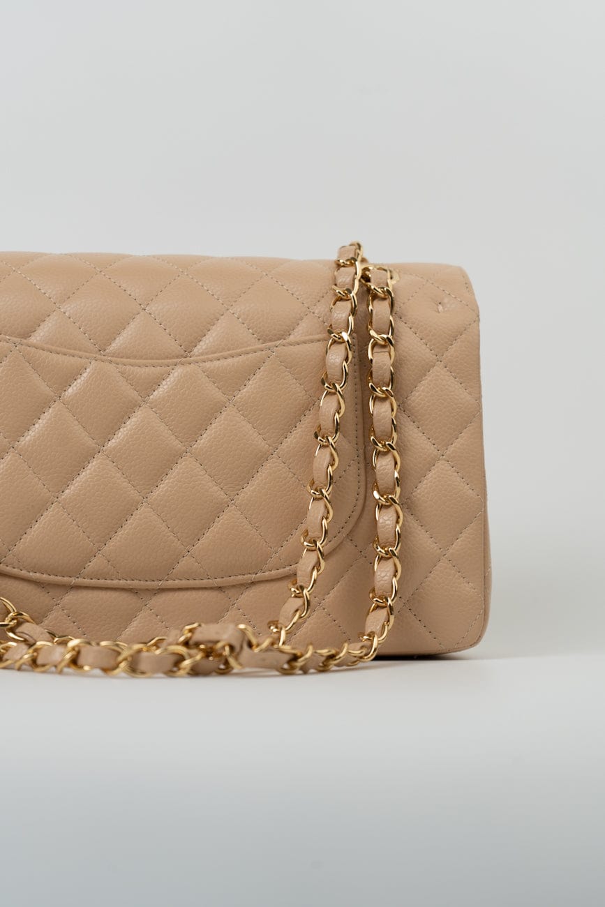 Beige Clair Caviar Quilted Classic Double Flap Medium Gold Hardware