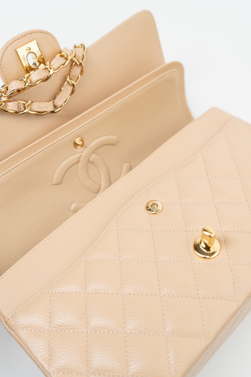 Beige Clair Caviar Quilted Classic Double Flap Medium Gold Hardware