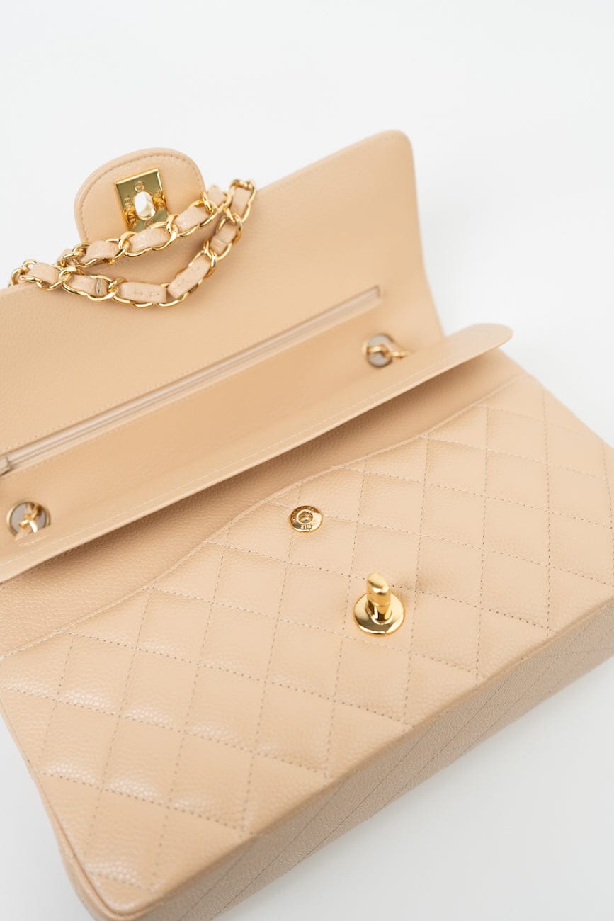 Beige Clair Caviar Quilted Classic Double Flap Medium Gold Hardware