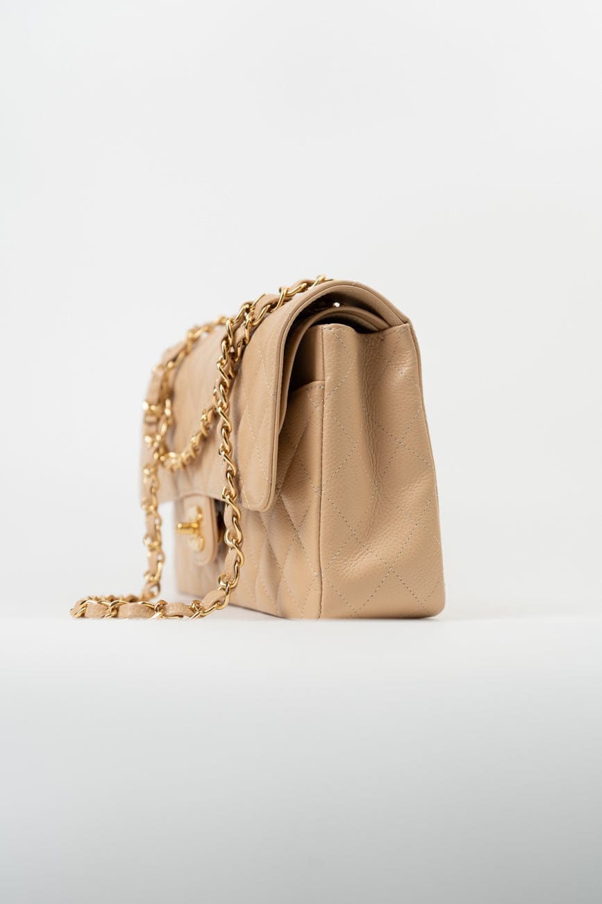 Beige Clair Caviar Quilted Classic Double Flap Medium Gold Hardware