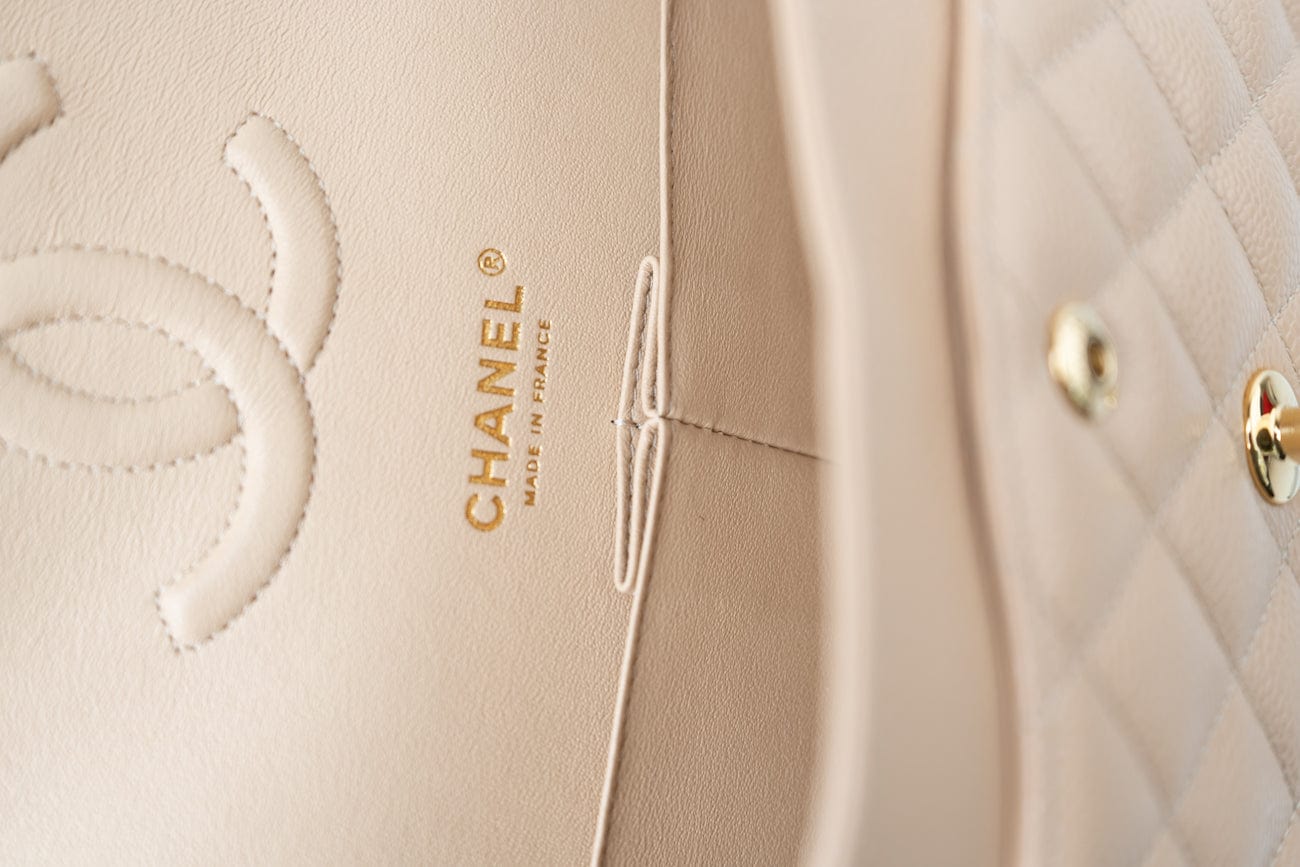 Beige Clair Caviar Quilted Classic Double Flap Medium Gold Hardware