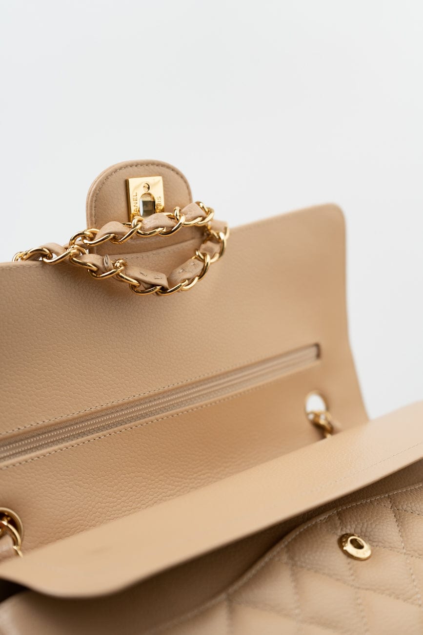 Beige Clair Caviar Quilted Classic Double Flap Medium Gold Hardware