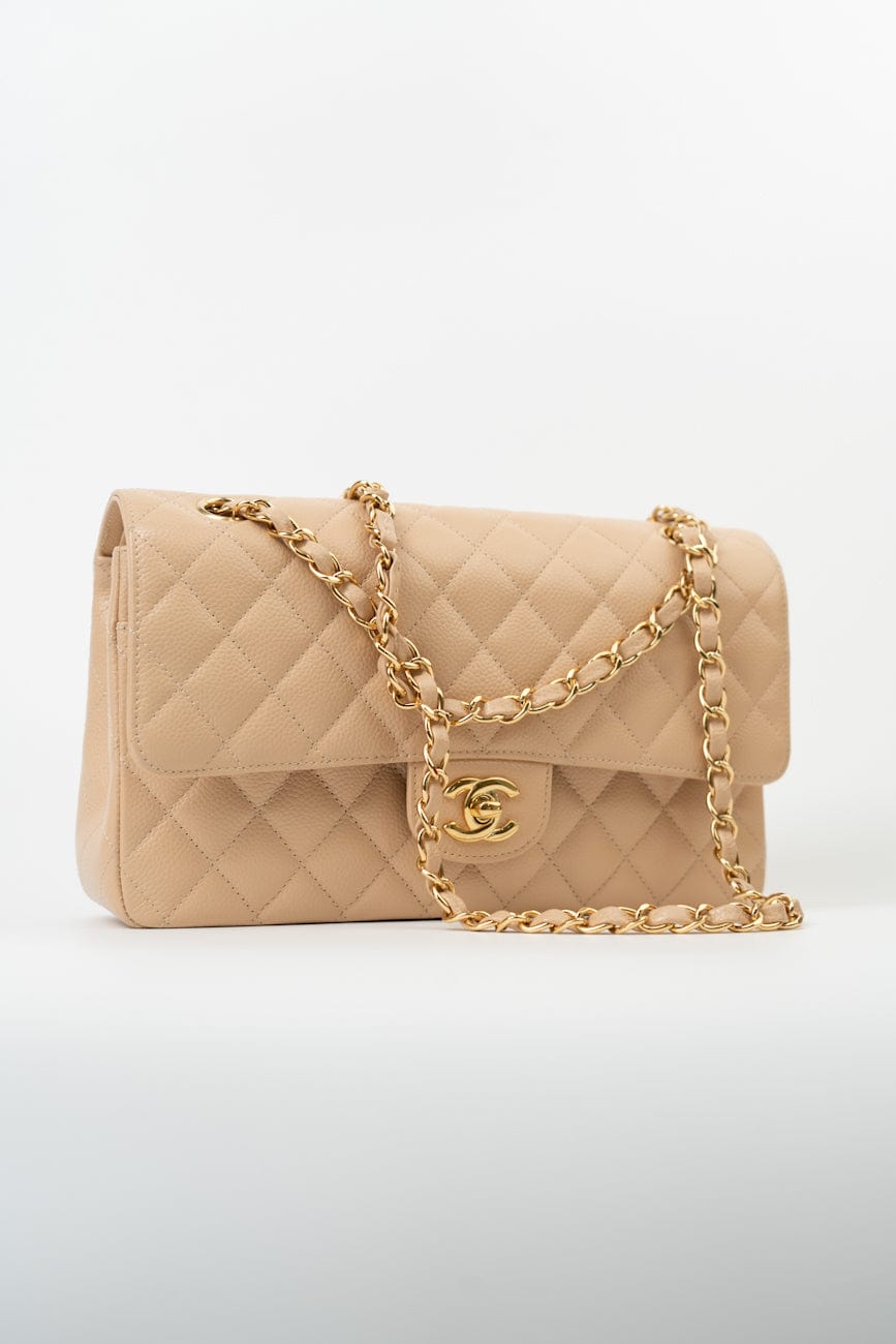 Beige Clair Caviar Quilted Classic Double Flap Medium Gold Hardware