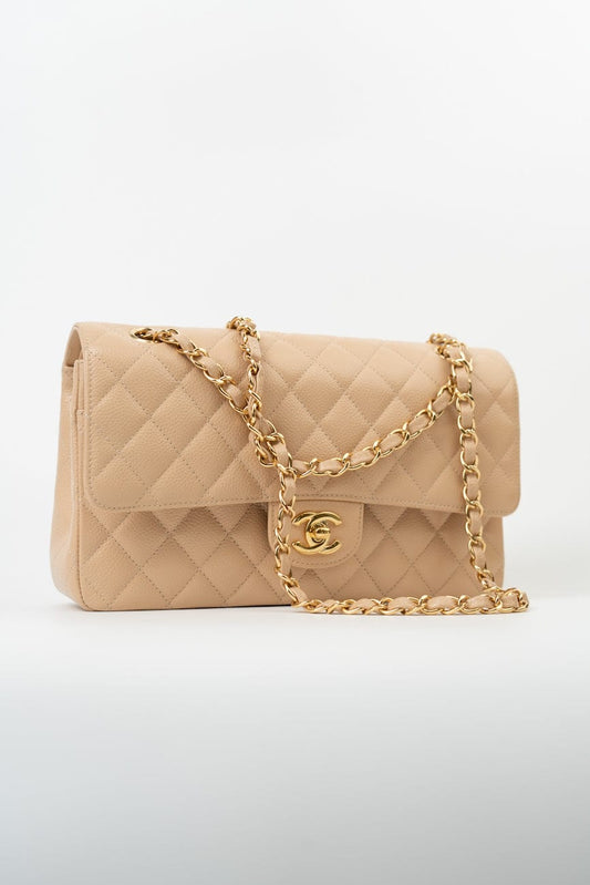 Beige Clair Caviar Quilted Classic Double Flap Medium Gold Hardware