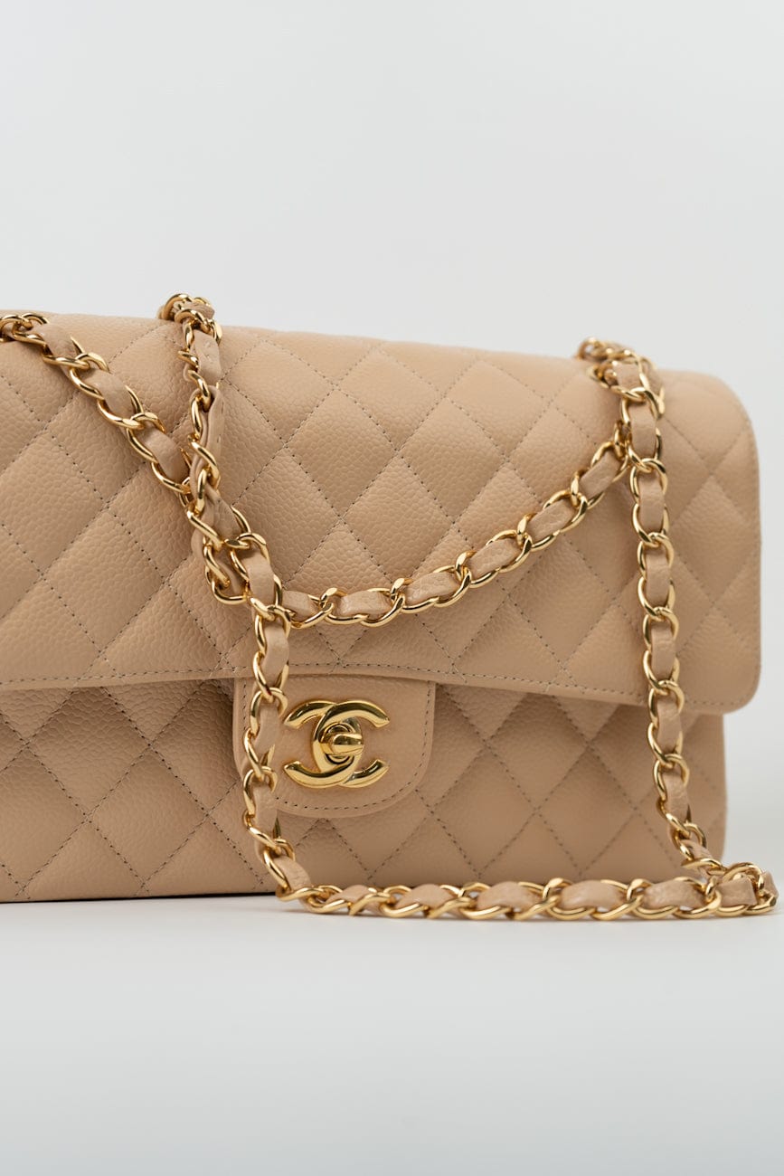 Beige Clair Caviar Quilted Classic Double Flap Medium Gold Hardware