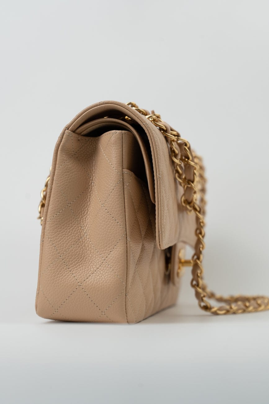 Beige Clair Caviar Quilted Classic Double Flap Medium Gold Hardware