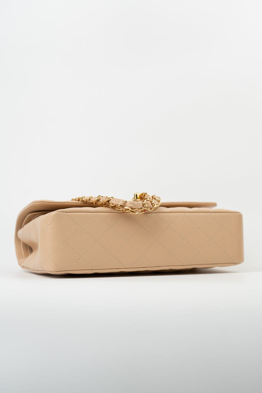 Beige Clair Caviar Quilted Classic Double Flap Medium Gold Hardware