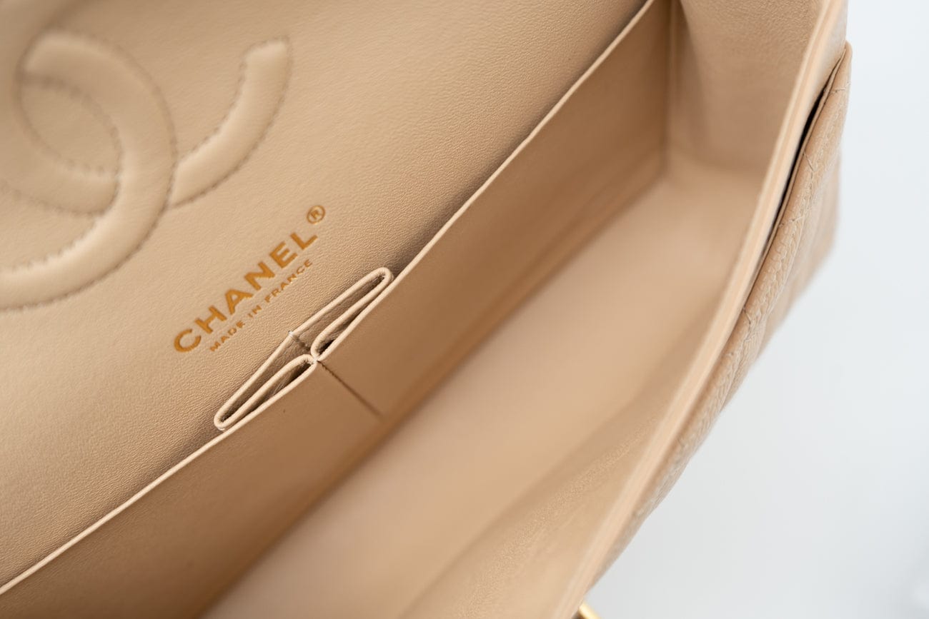 Beige Clair Caviar Quilted Classic Double Flap Medium Gold Hardware