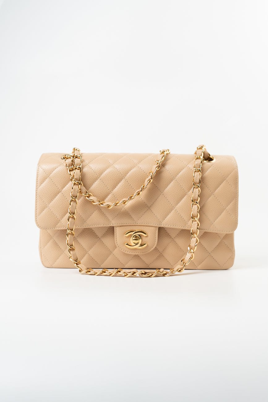 Beige Clair Caviar Quilted Classic Double Flap Medium Gold Hardware