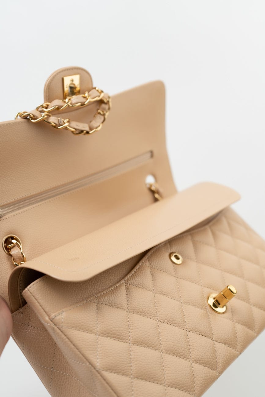 Beige Clair Caviar Quilted Classic Double Flap Medium Gold Hardware