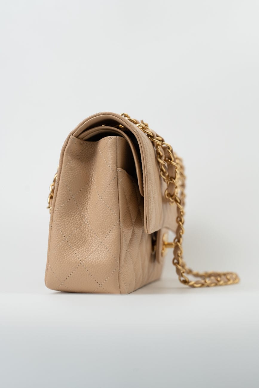 Beige Clair Caviar Quilted Classic Double Flap Medium Gold Hardware