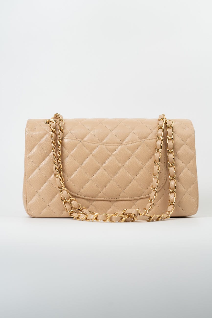 Beige Clair Caviar Quilted Classic Double Flap Medium Gold Hardware