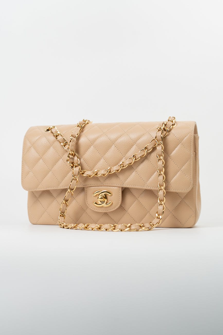 Beige Clair Caviar Quilted Classic Double Flap Medium Gold Hardware