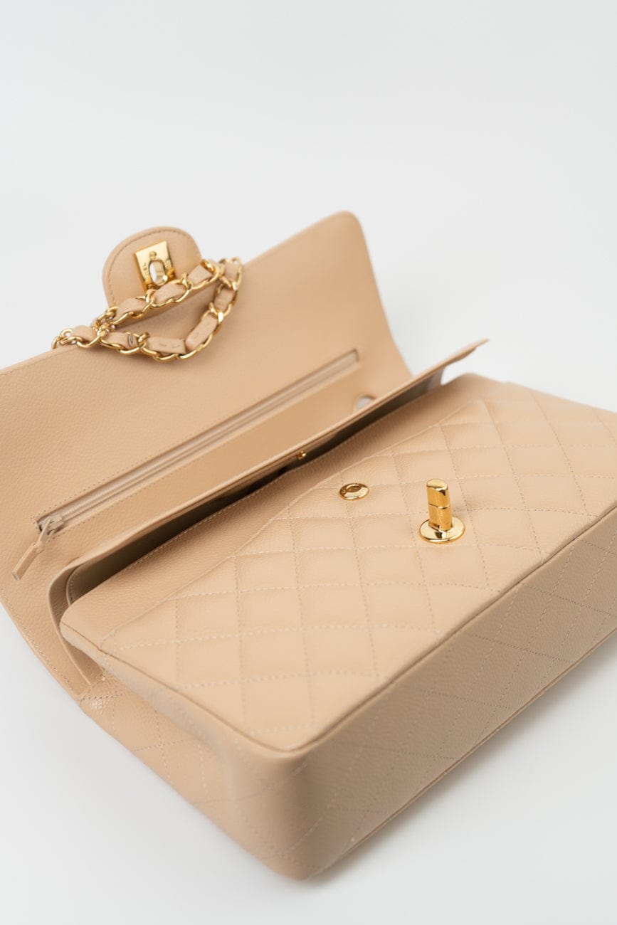 Beige Clair Caviar Quilted Classic Double Flap Medium Gold Hardware