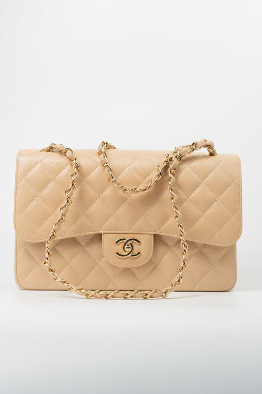 Beige Clair Caviar Quilted Classic Flap Jumbo GHW