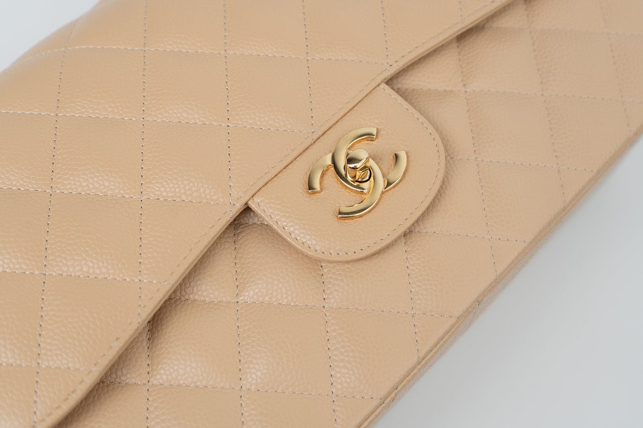 Beige Clair Caviar Quilted Classic Flap Jumbo GHW