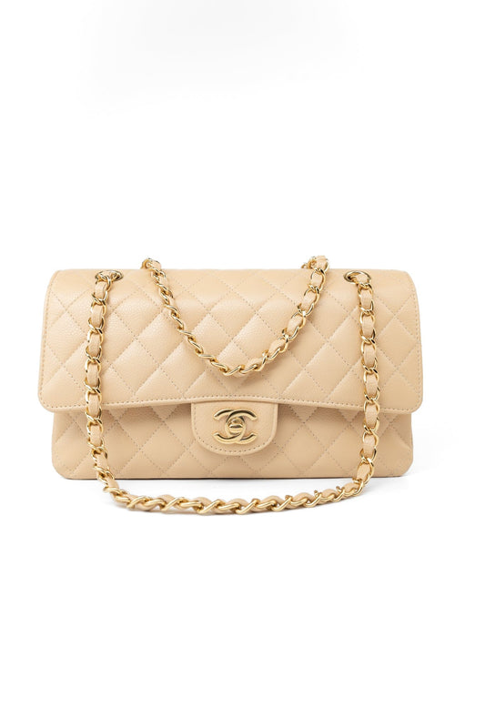 Beige Clair Caviar Quilted Classic Flap Medium Gold Hardware
