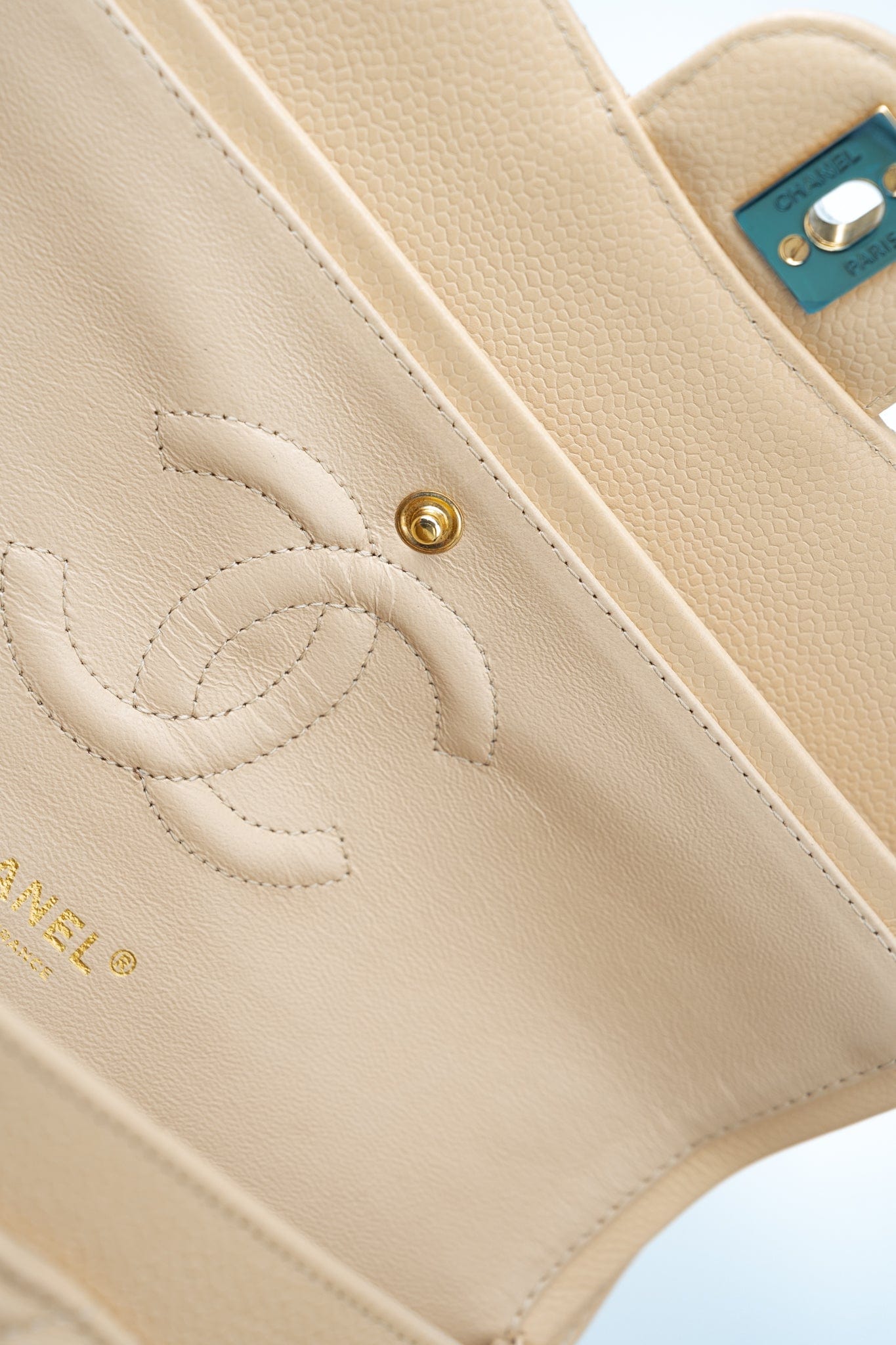 Beige Clair Caviar Quilted Classic Flap Medium Gold Hardware