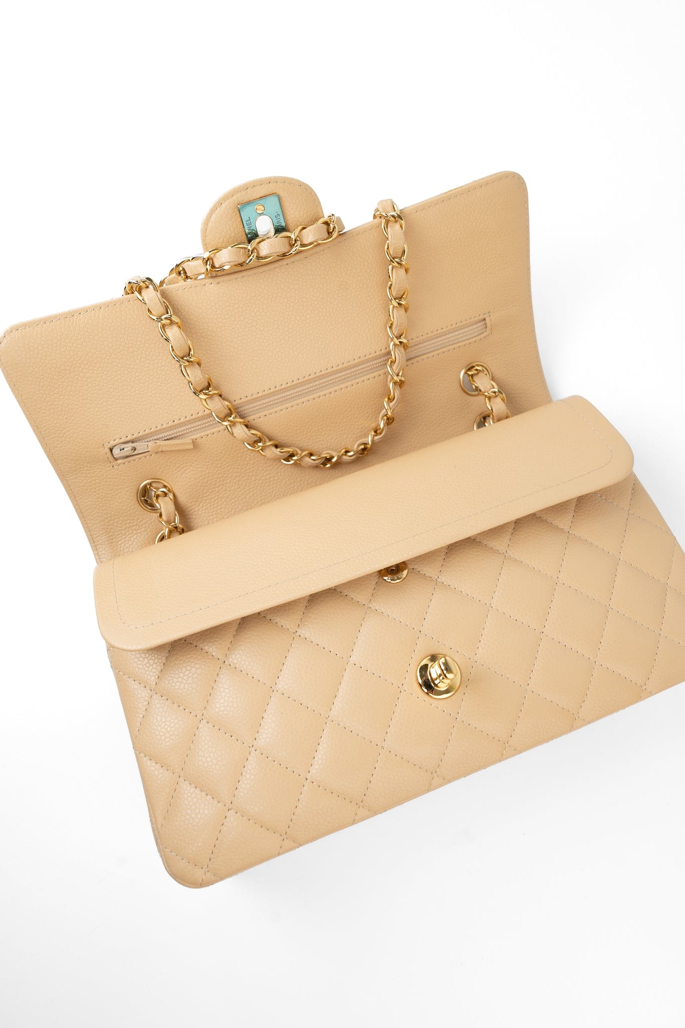 Beige Clair Caviar Quilted Classic Flap Medium Gold Hardware