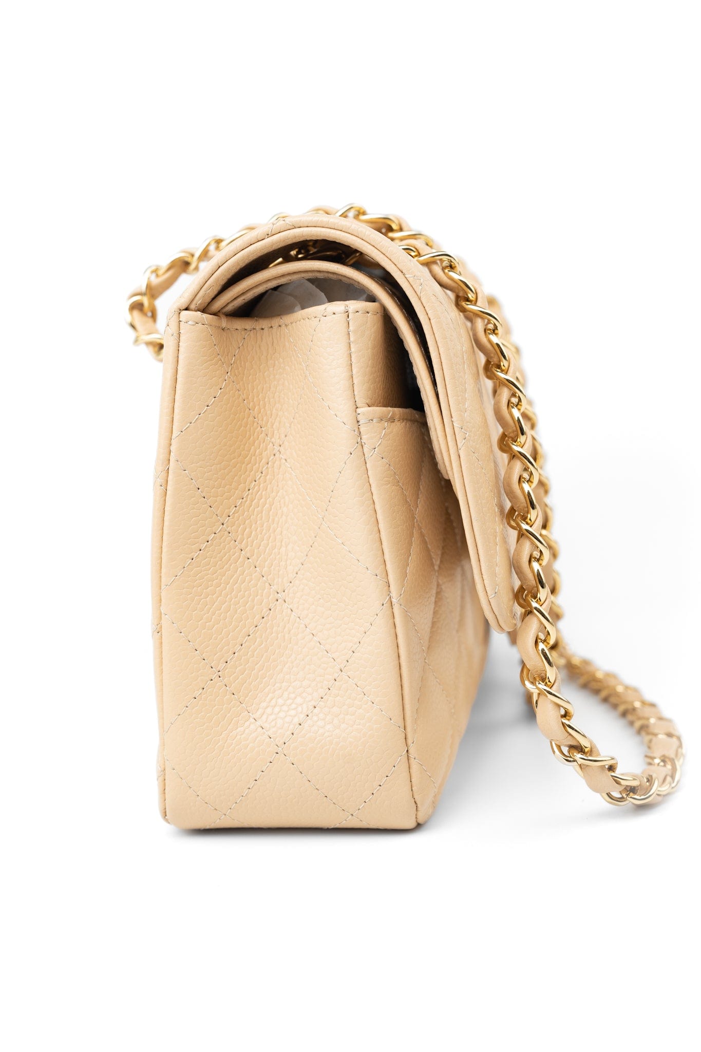 Beige Clair Caviar Quilted Classic Flap Medium Gold Hardware