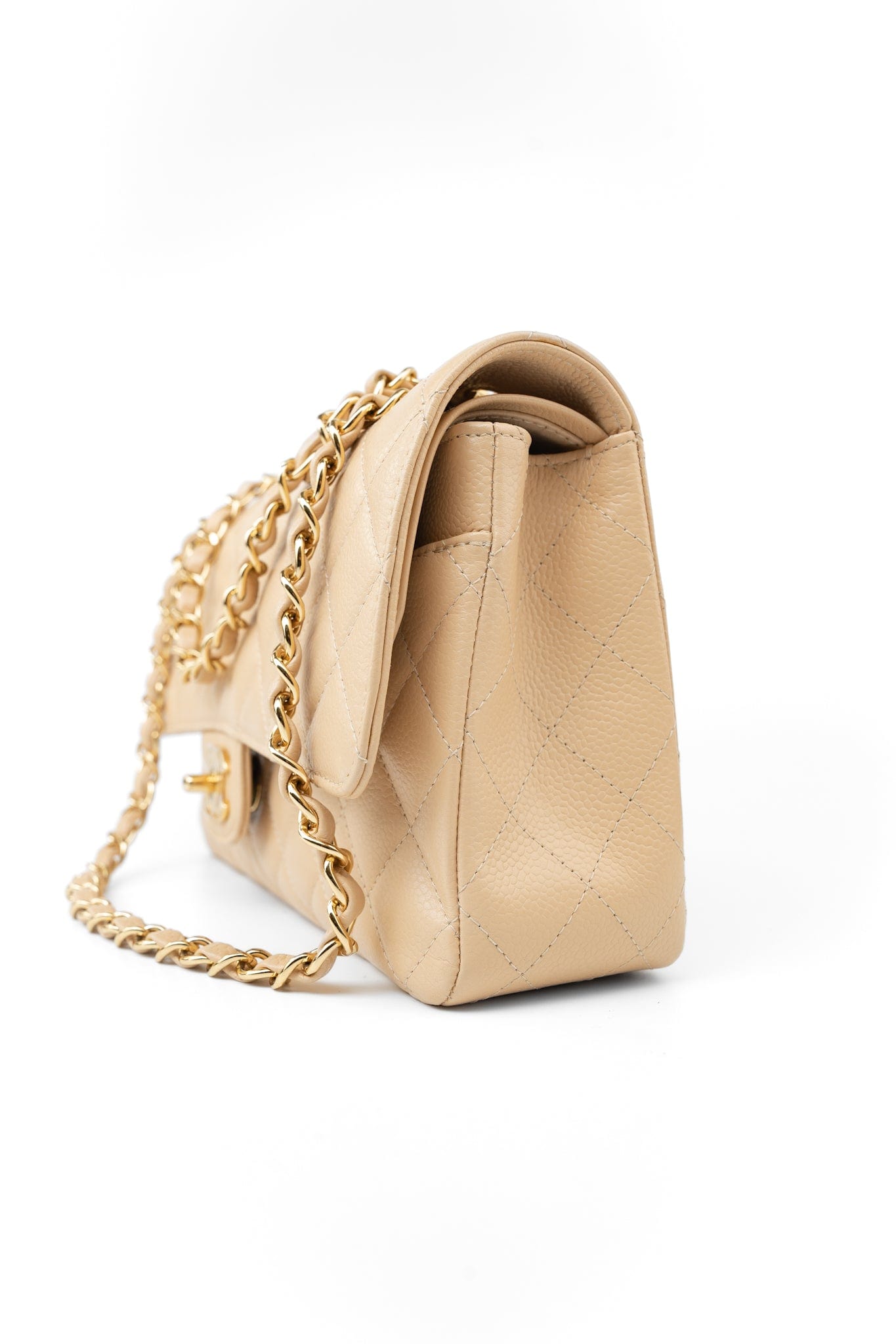 Beige Clair Caviar Quilted Classic Flap Medium Gold Hardware