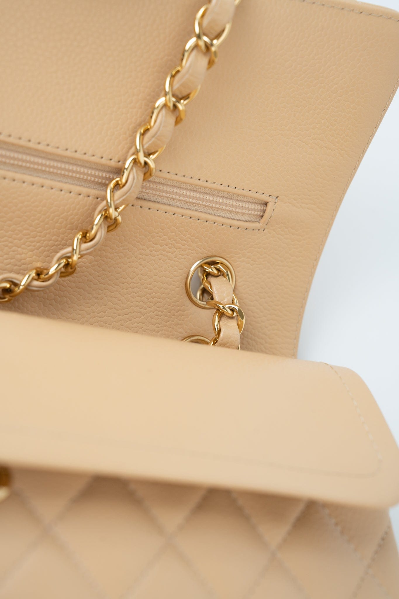 Beige Clair Caviar Quilted Classic Flap Medium Gold Hardware