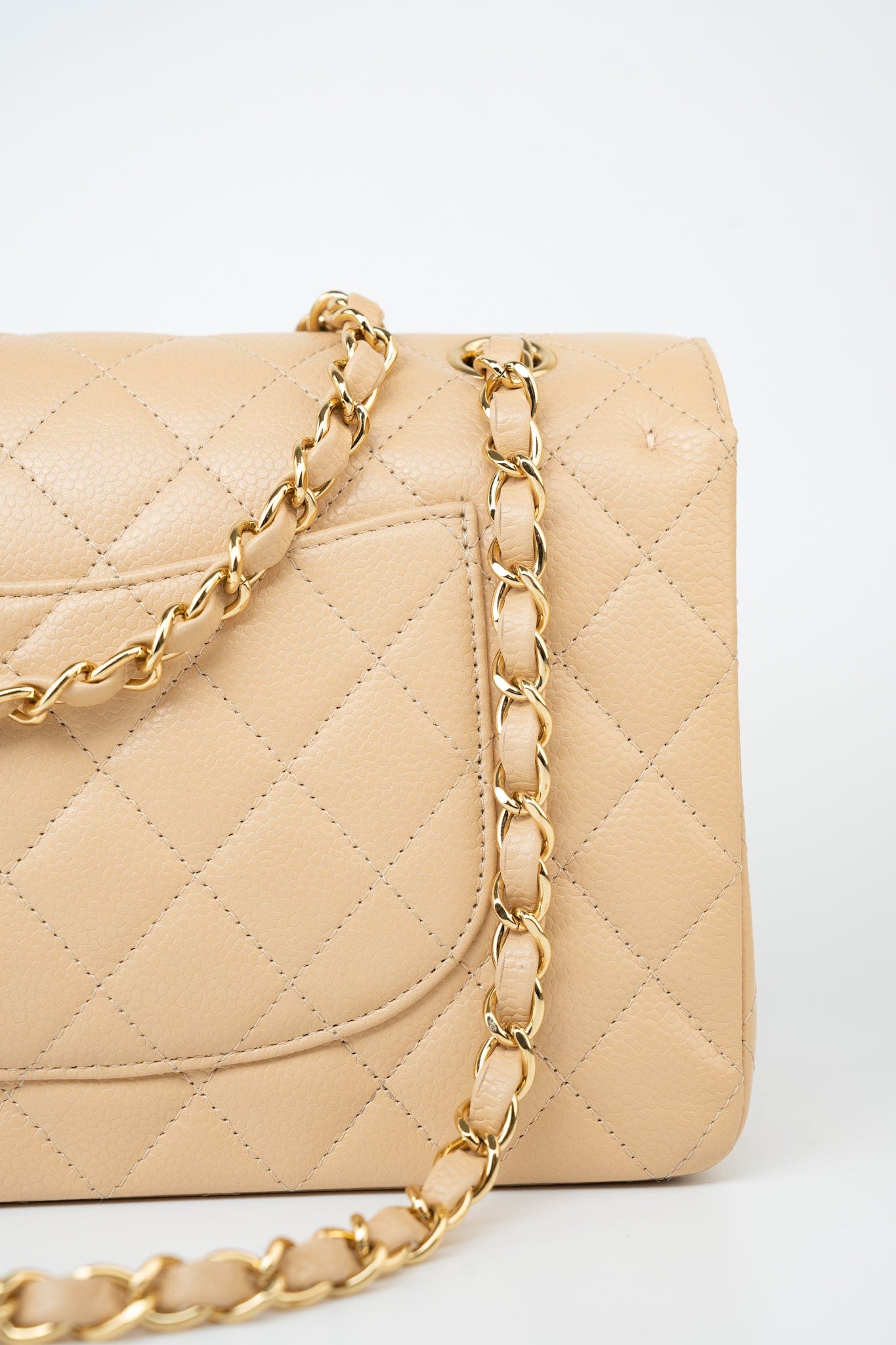 Beige Clair Caviar Quilted Classic Flap Medium Gold Hardware