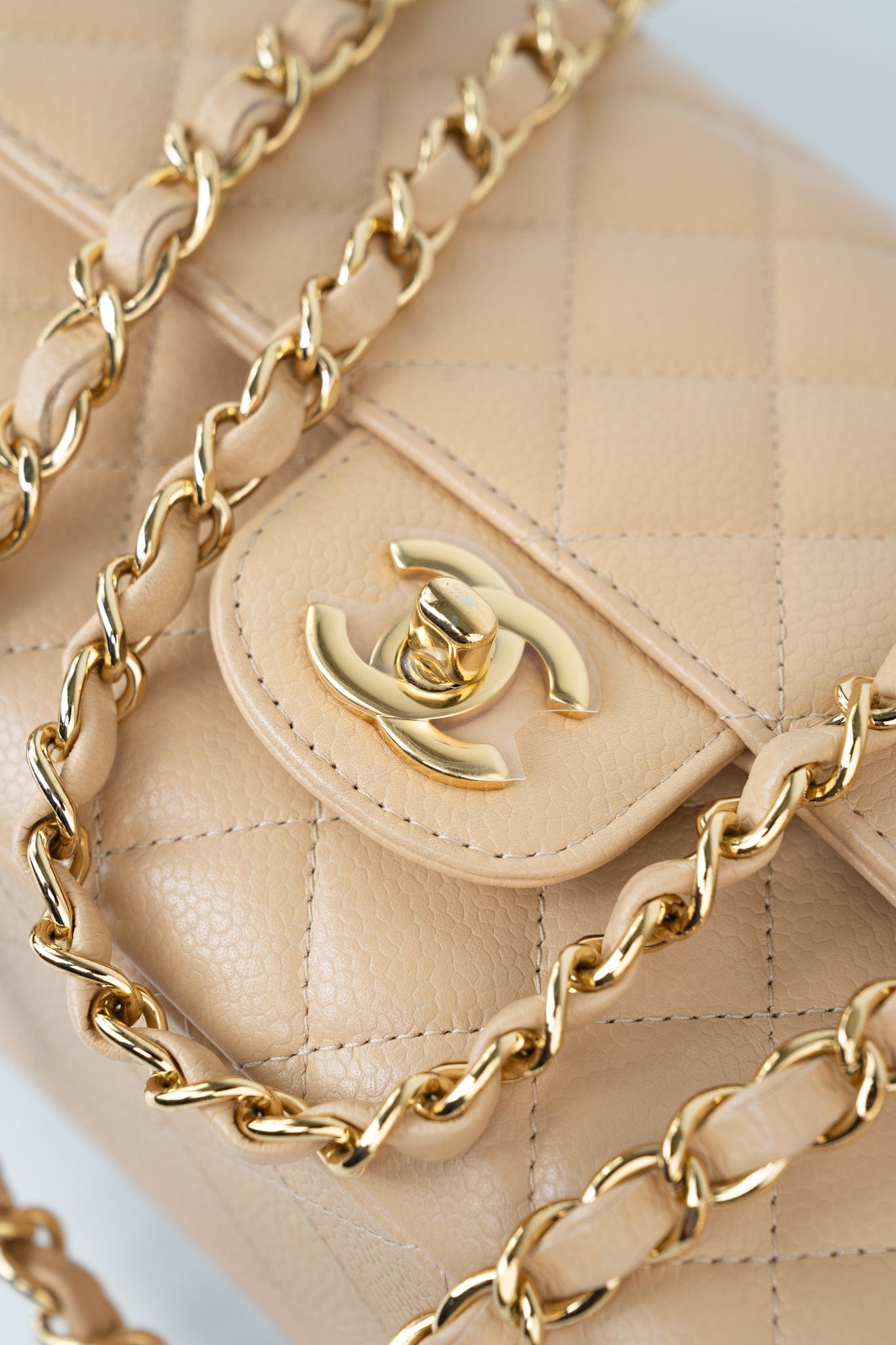 Beige Clair Caviar Quilted Classic Flap Medium Gold Hardware