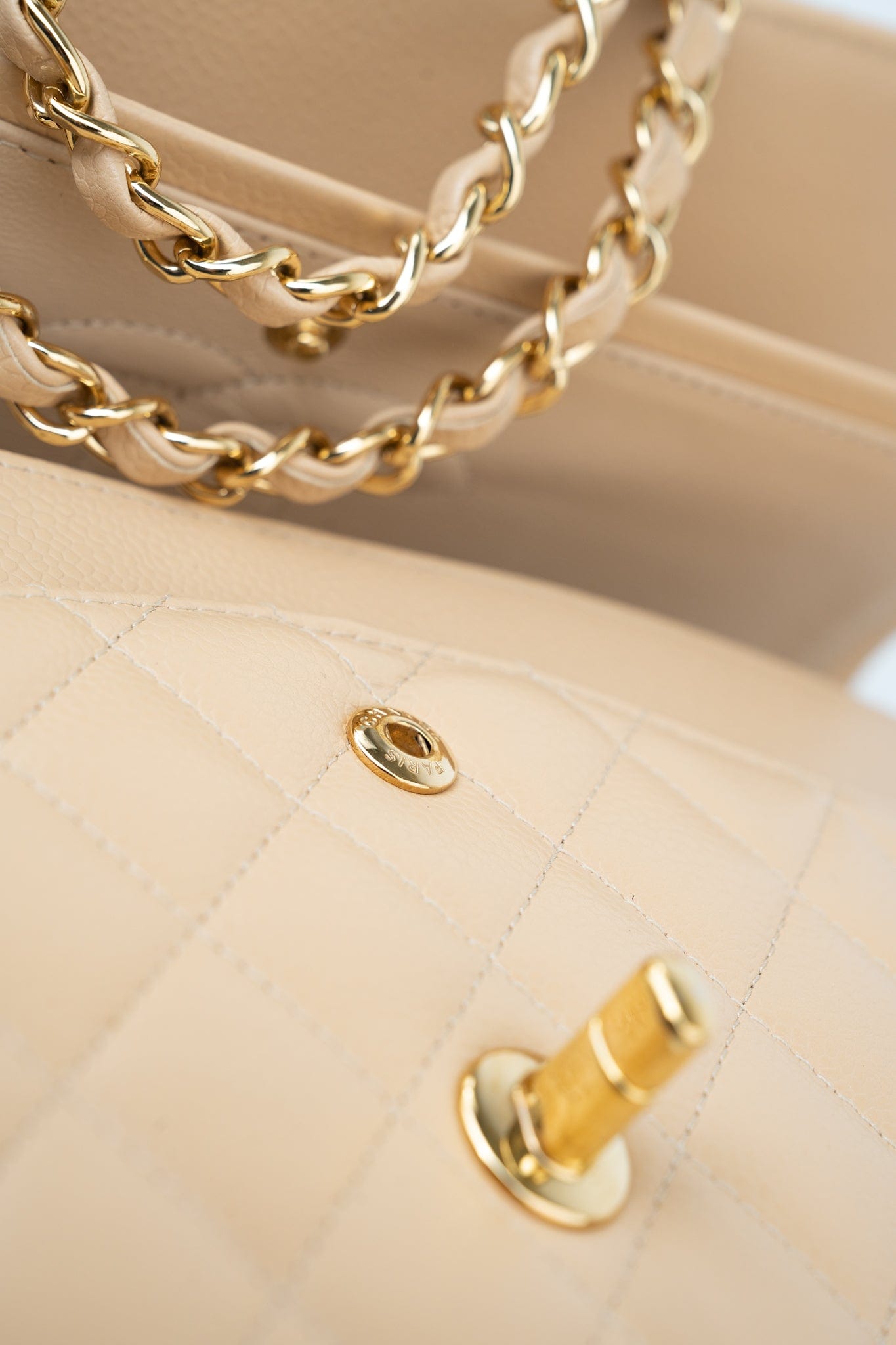 Beige Clair Caviar Quilted Classic Flap Medium Gold Hardware