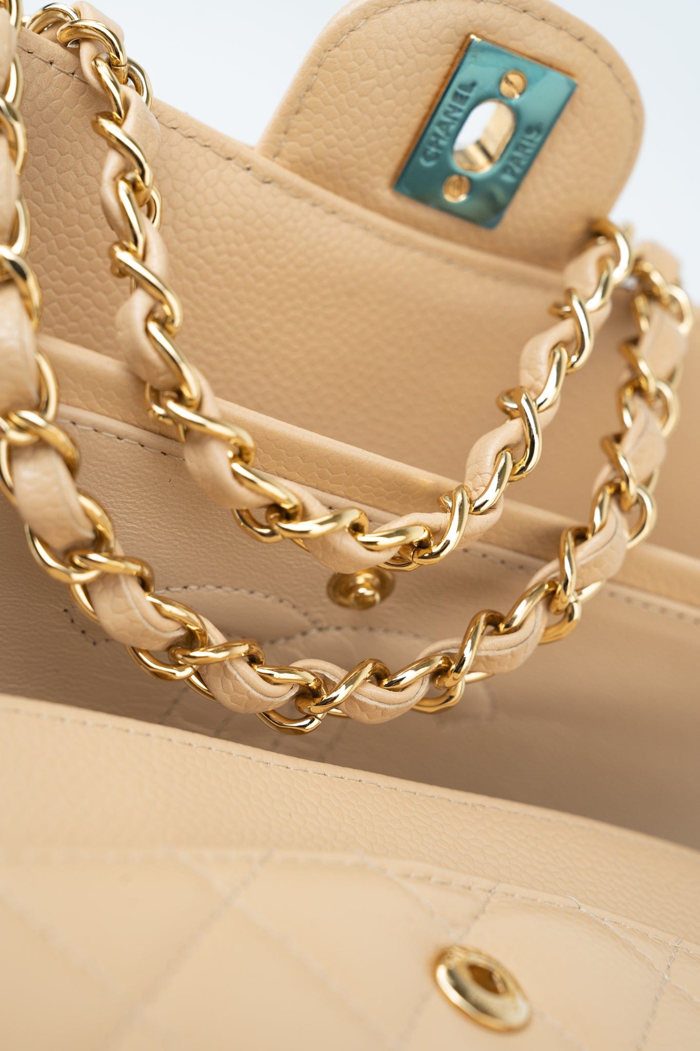 Beige Clair Caviar Quilted Classic Flap Medium Gold Hardware