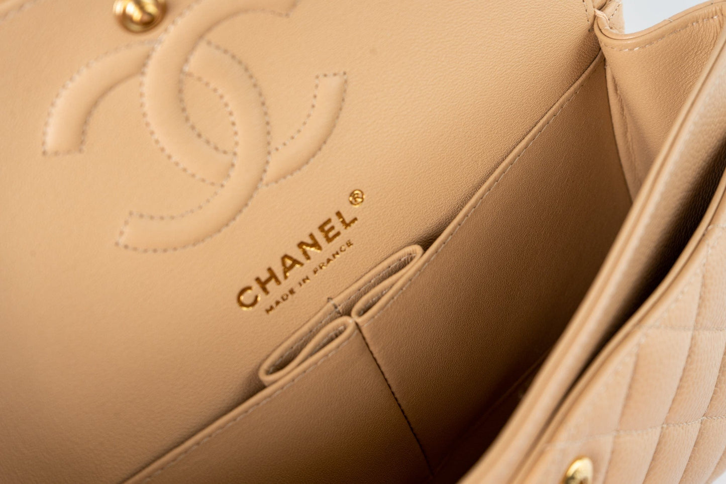 Beige Clair Caviar Quilted Classic Flap Small Gold Hardware