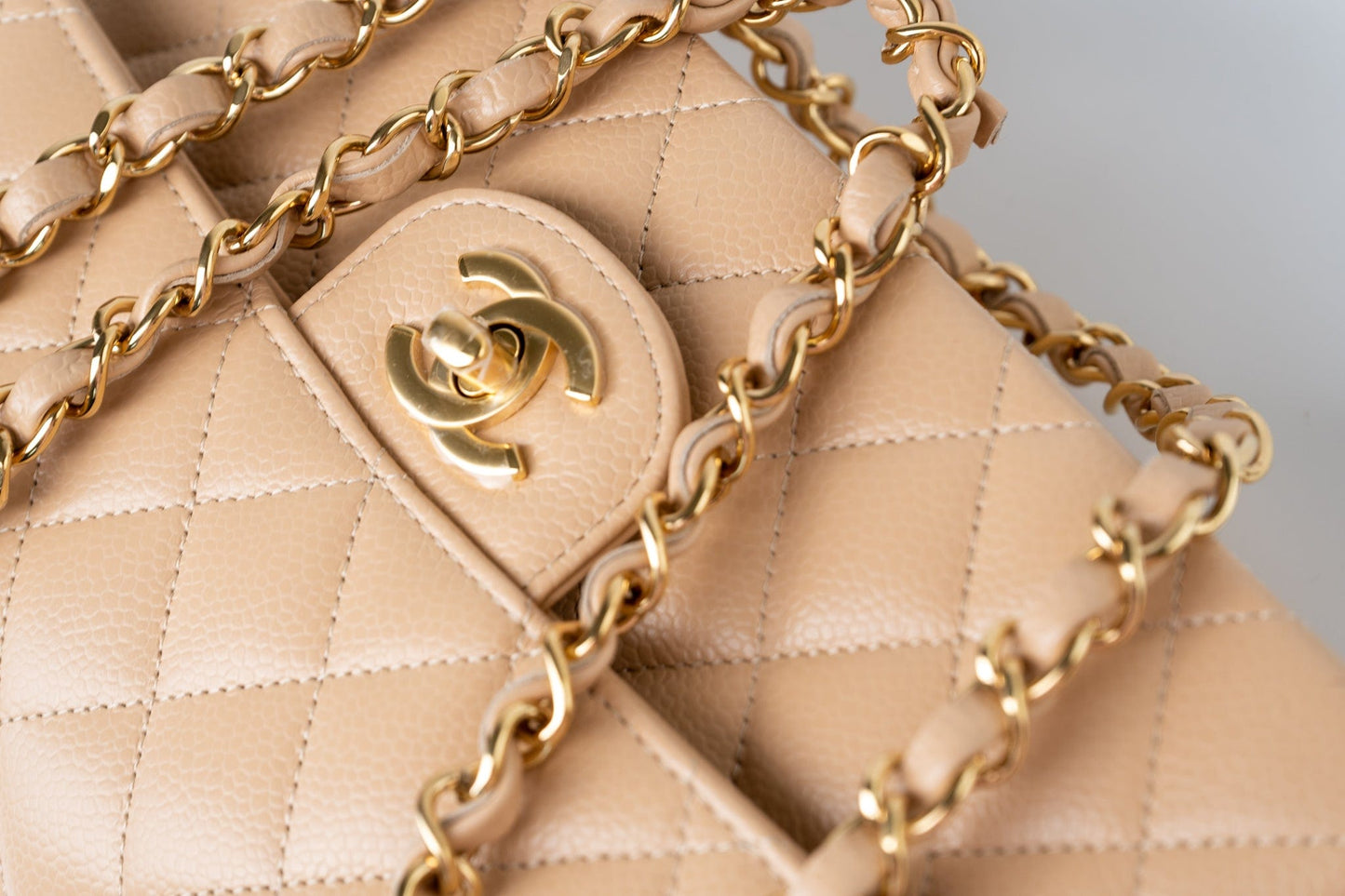 Beige Clair Caviar Quilted Classic Flap Small Gold Hardware