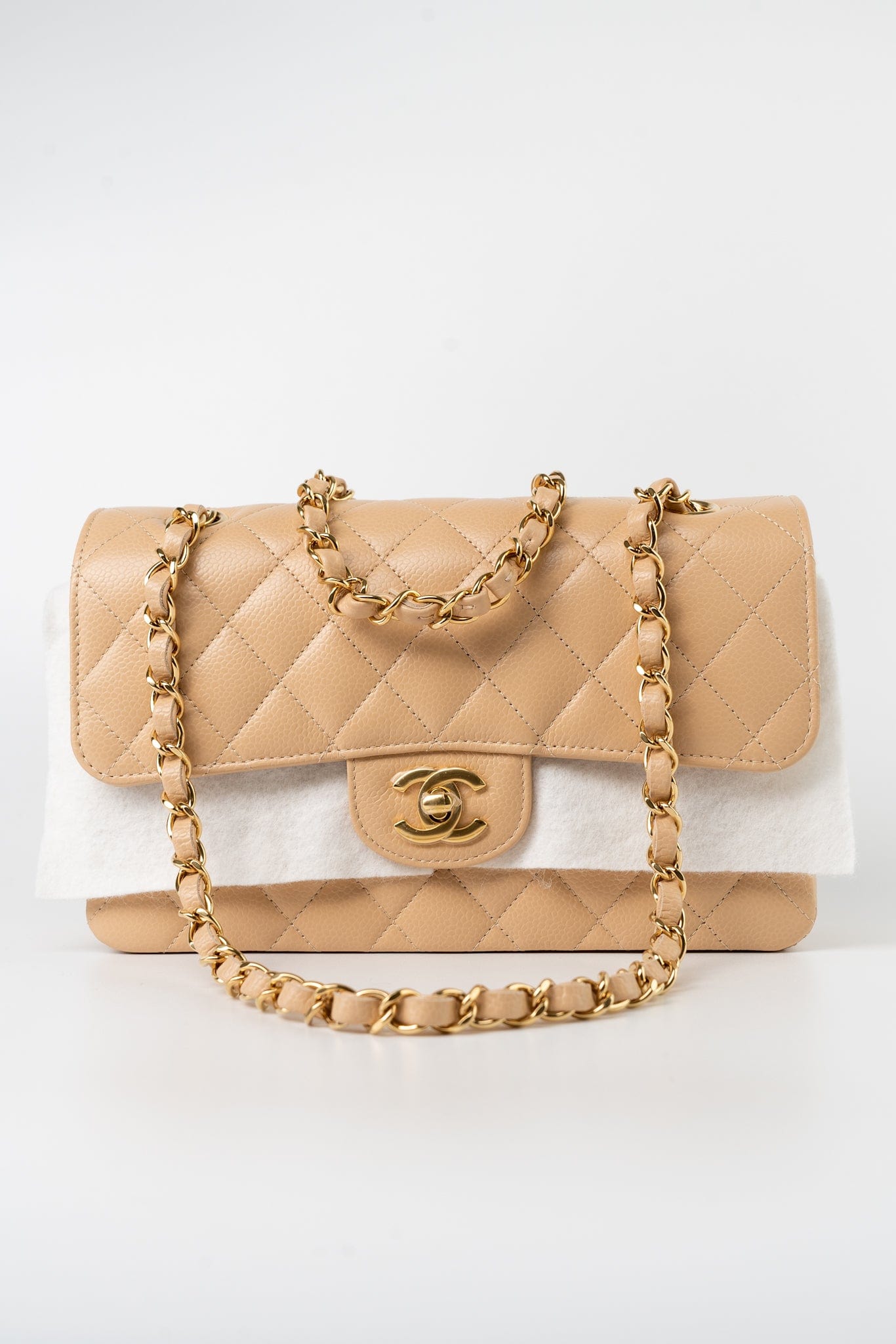 Beige Clair Caviar Quilted Classic Flap Small Gold Hardware