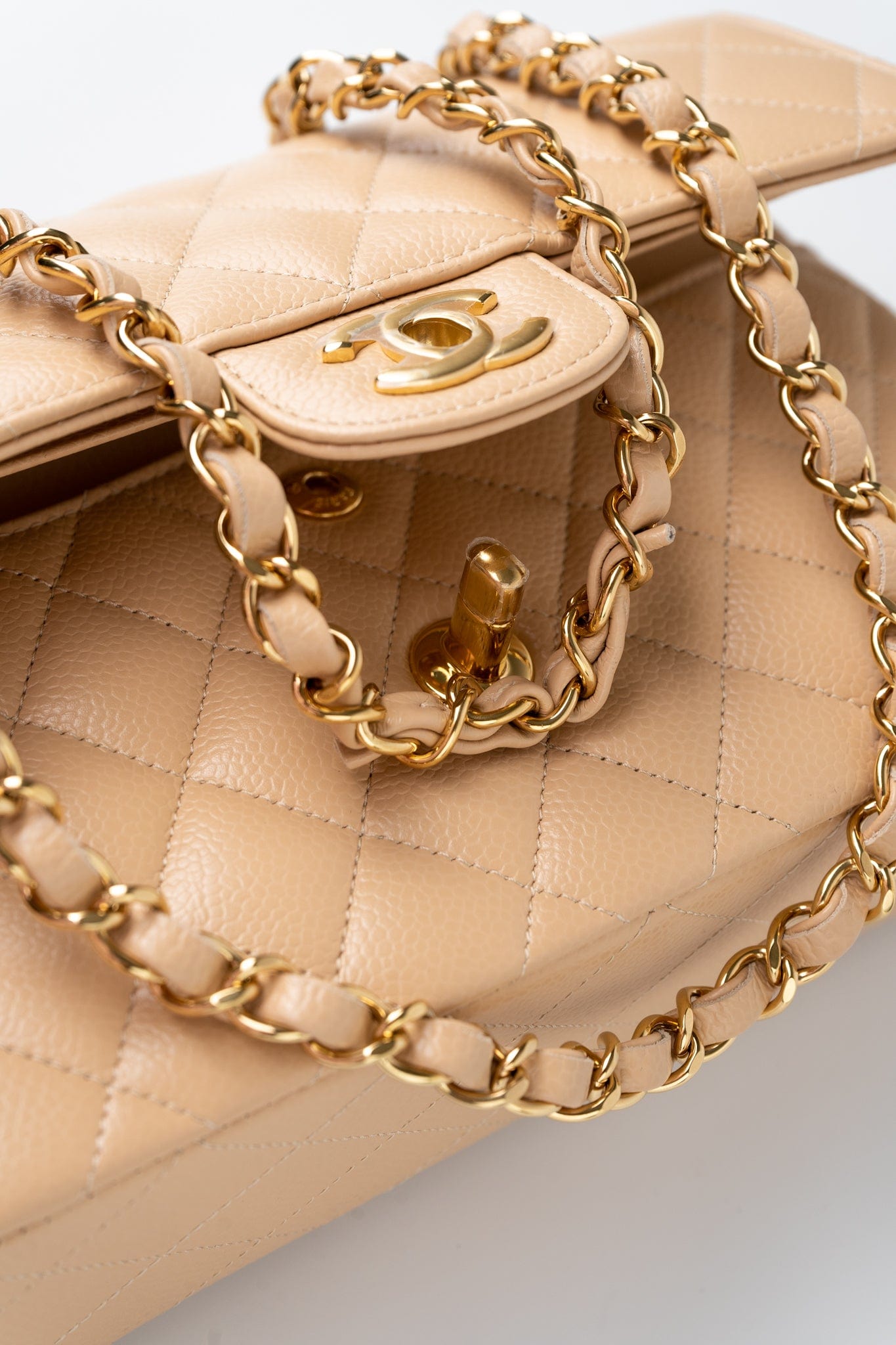 Beige Clair Caviar Quilted Classic Flap Small Gold Hardware