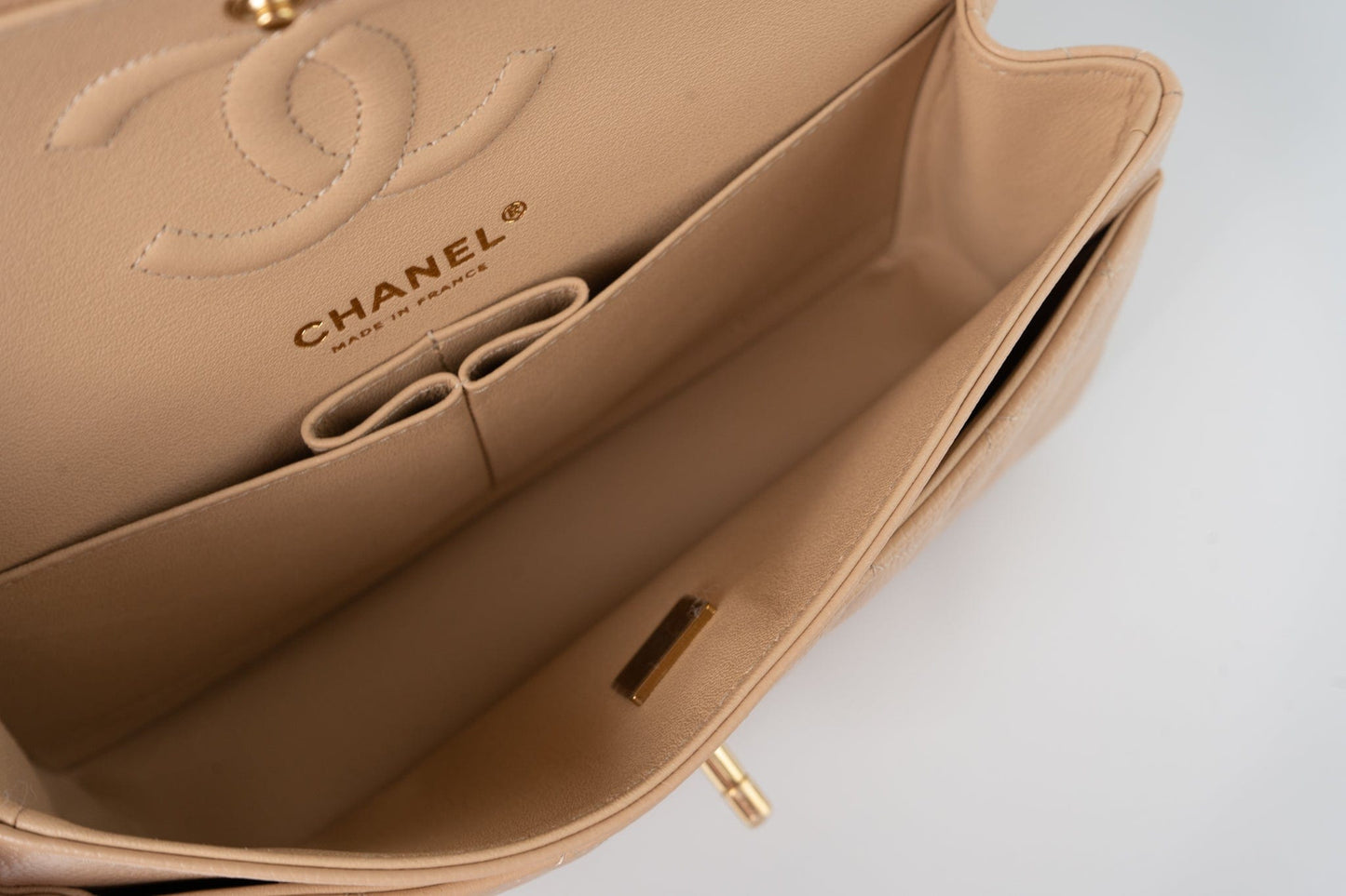 Beige Clair Caviar Quilted Classic Flap Small Gold Hardware