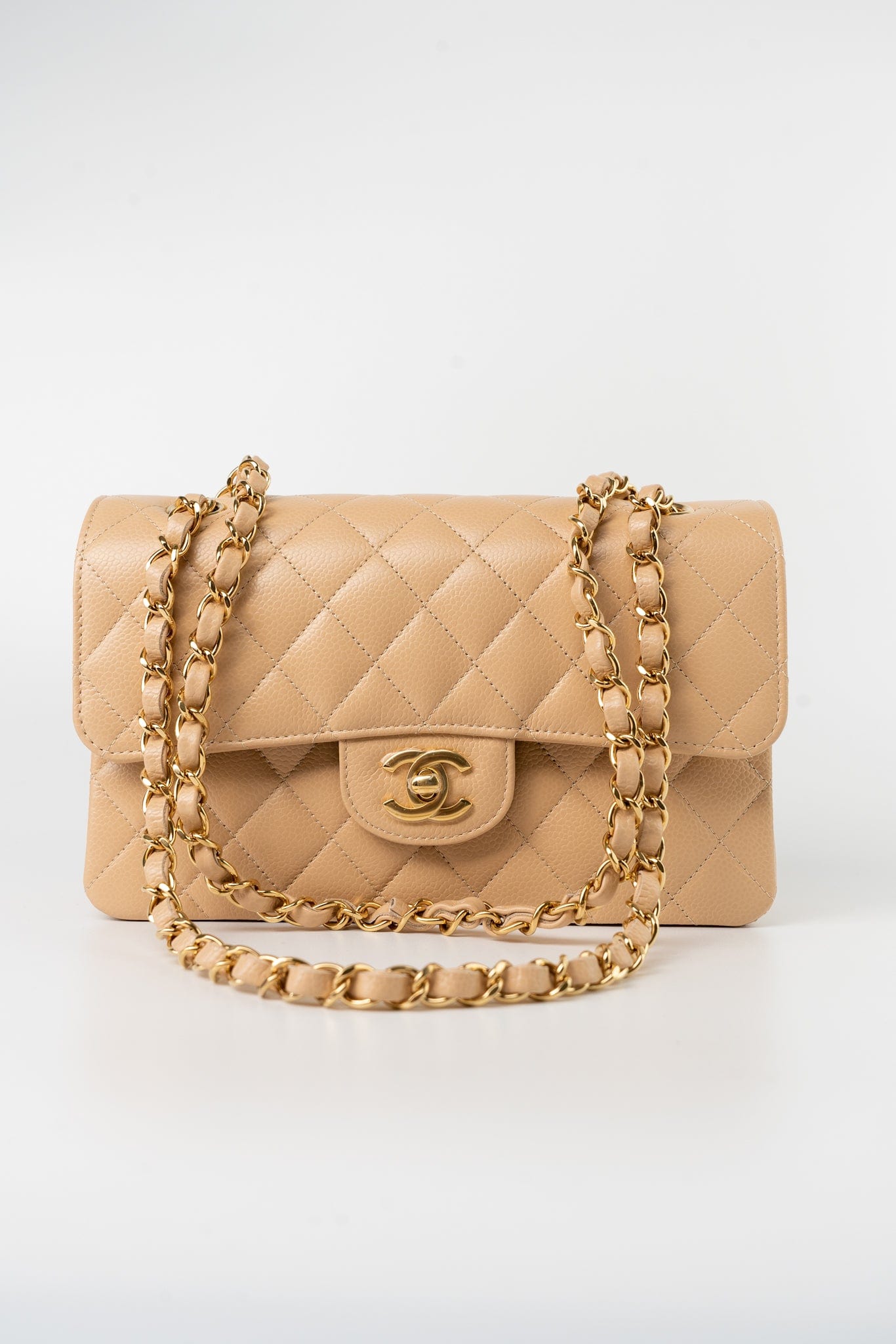 Beige Clair Caviar Quilted Classic Flap Small Gold Hardware
