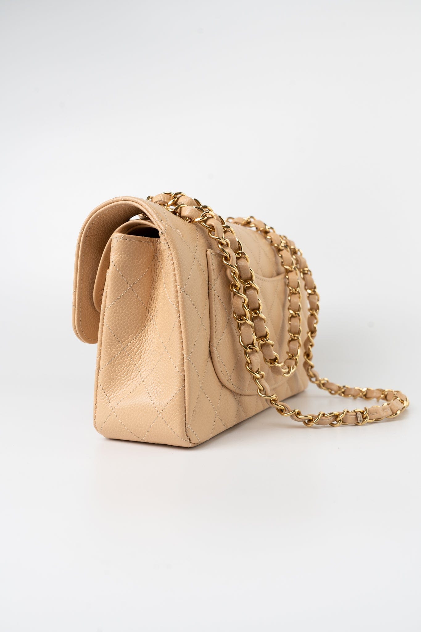 Beige Clair Caviar Quilted Classic Flap Small Gold Hardware