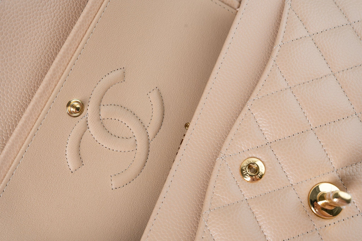 Beige Clair Caviar Quilted Classic Flap Small Gold Hardware