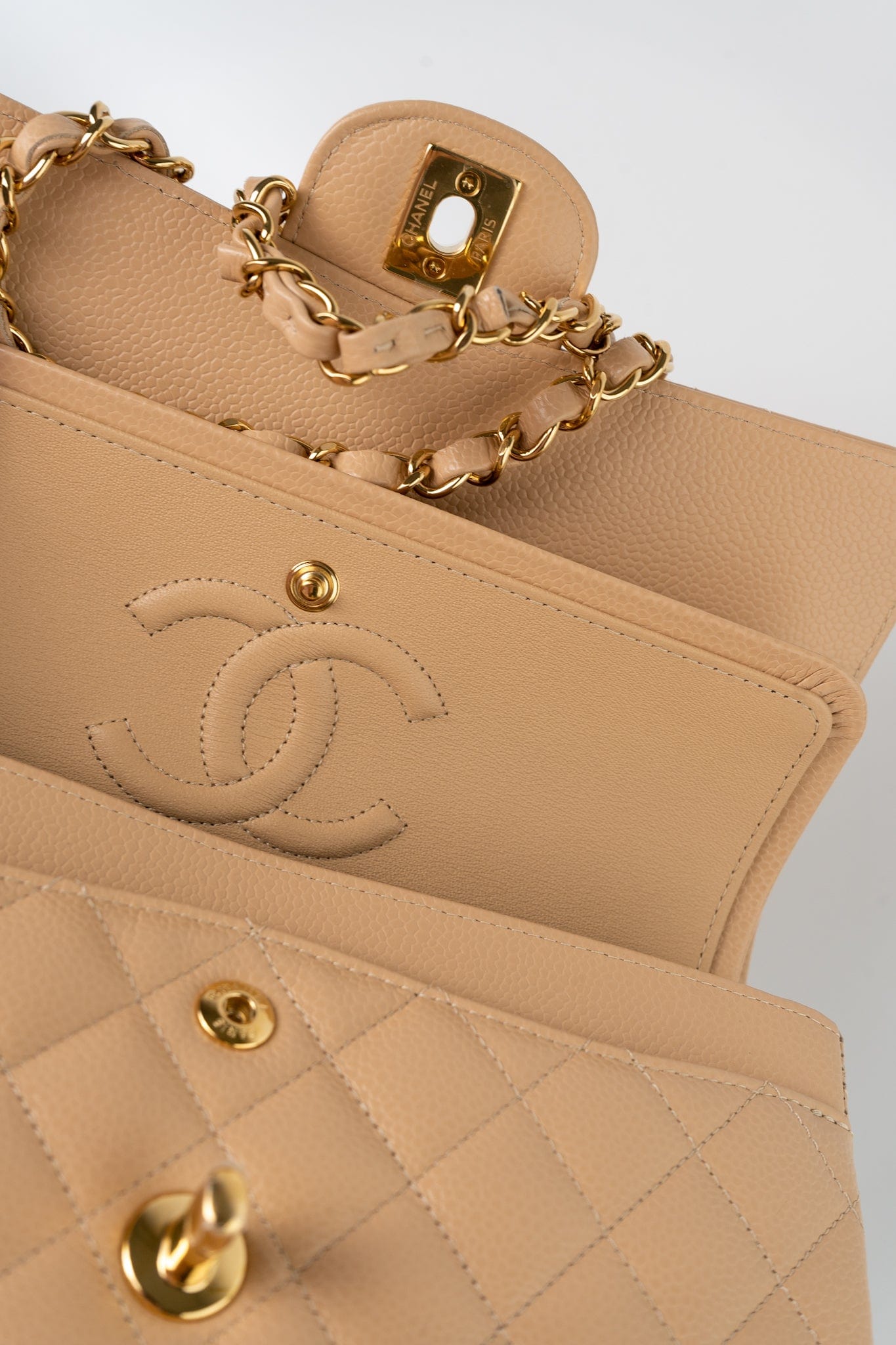 Beige Clair Caviar Quilted Classic Flap Small Gold Hardware