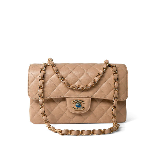 Beige Clair Caviar Quilted Classic Flap Small Gold Hardware