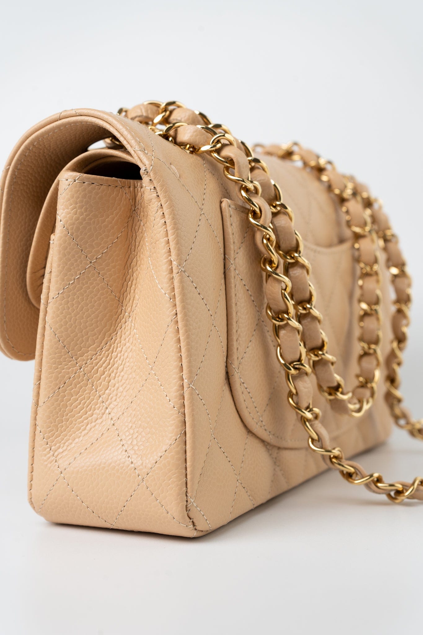 Beige Clair Caviar Quilted Classic Flap Small Gold Hardware
