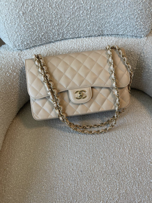 Beige Clair Caviar Quilted Jumbo Classic Flap LGHW