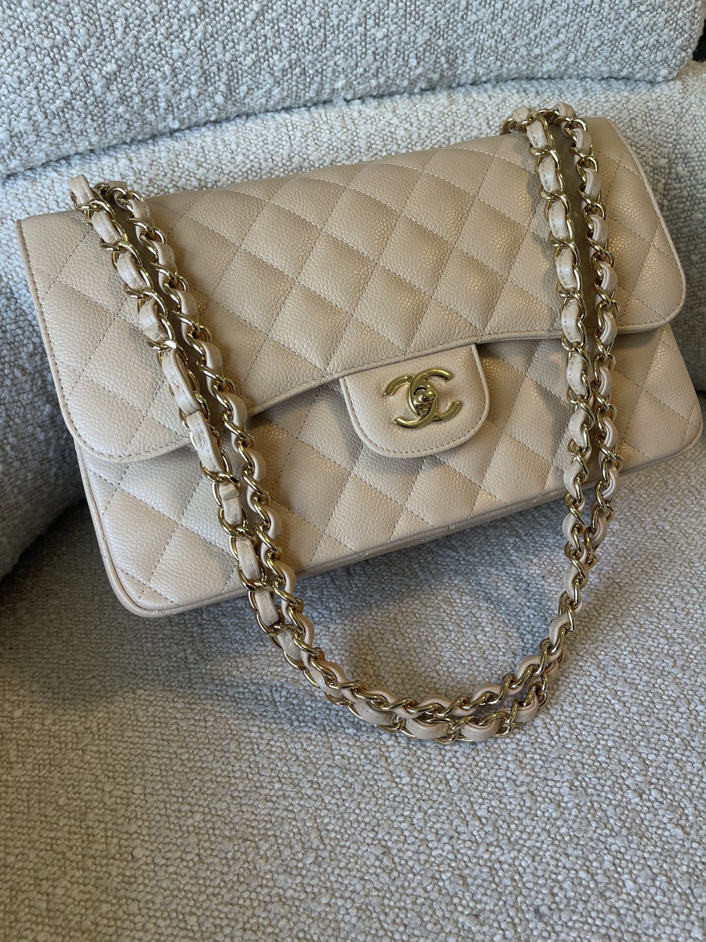 Beige Clair Caviar Quilted Jumbo Classic Flap LGHW